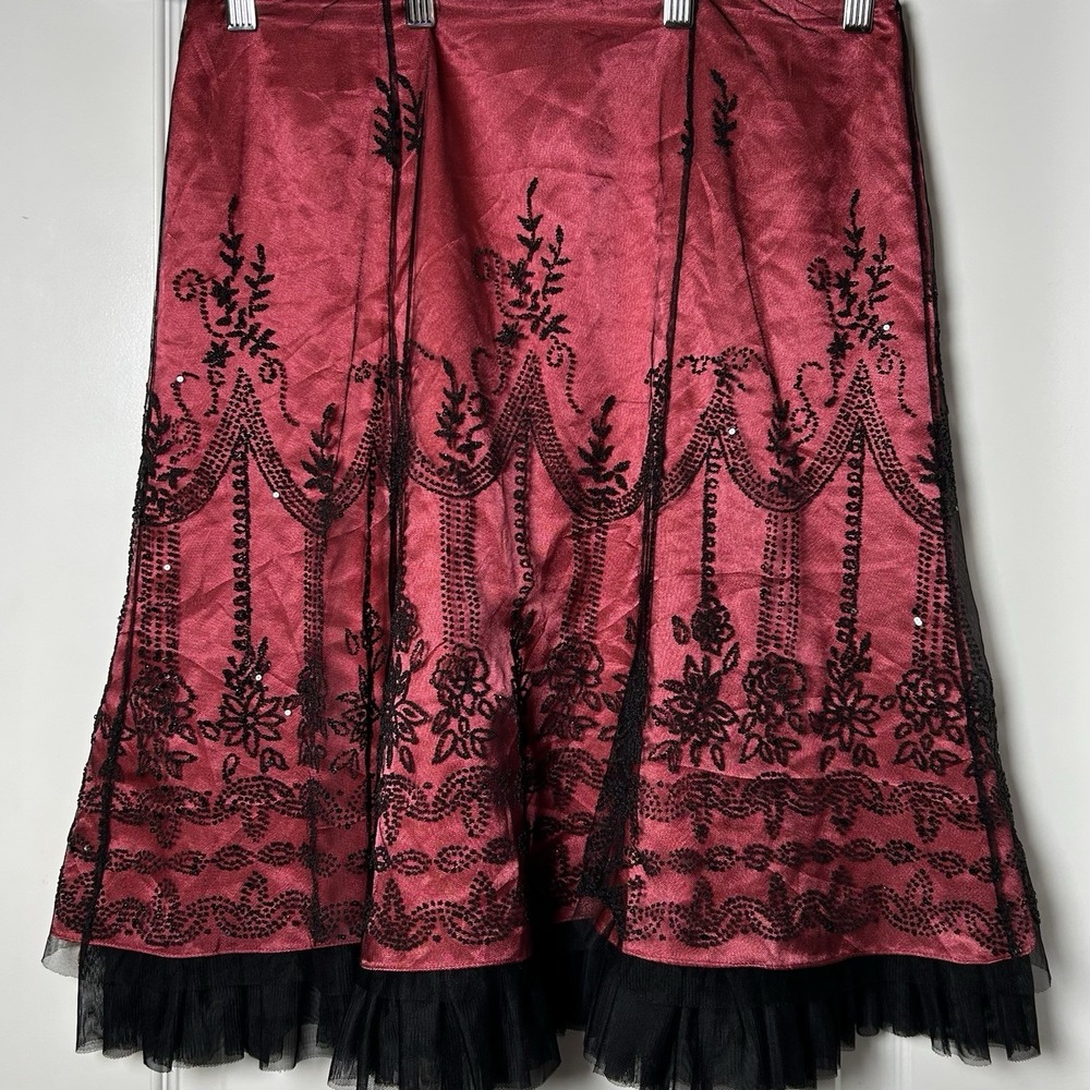 Adrianna Papell Vintage Hot Pink Black Beaded Embroidered Tulle Hem Midi Skirt